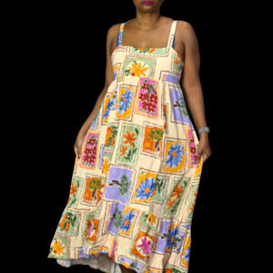 Paper Heart Stamp Dress Yellow Floral Postcard Midi Sundress Linen Blend Small